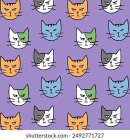 Cute seamless pattern of angry cat heads on purple background. Pastel colored vector hipster background. Cartoon style animal portrait illustration