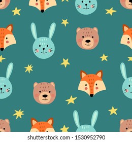 Cute seamless pattern with animal faces and stars. Background for kids with wild animals - rabbit, fox, bear. Vector illustration