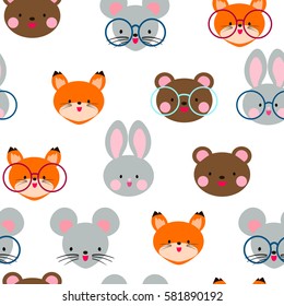 Cute seamless pattern with animal head. Teddy bear, rabbit, fox and mouse. Cute Japanese anime style.