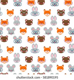 Cute seamless pattern with animal head. Teddy bear, rabbit, fox and mouse. Cute Japanese anime style.
