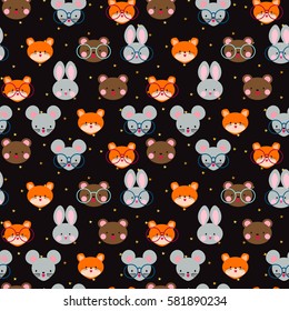 Cute seamless pattern with animal head and golden stars background. Teddy bear, rabbit, fox and mouse. Cute Japanese anime style.