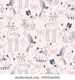Cute Seamless Pattern with Animals and Birds – Including Deer, Rabbits, Bunnies, Raccoon, and Butterflies – Hand-Drawn Vector background