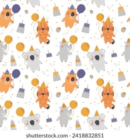 Cute seamless pattern with animals, birthday parties with animal character print. Vector illustration.