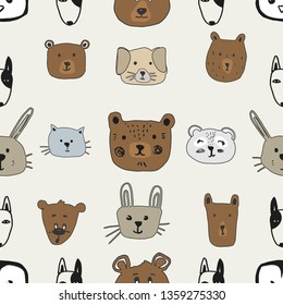 Cute seamless pattern with animals in cartoon style. Pattern baby. Animals. Cute design.  Grey background. Creative childish background.