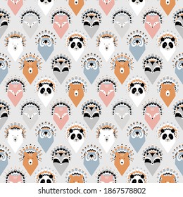 Cute seamless pattern with animals with feathers