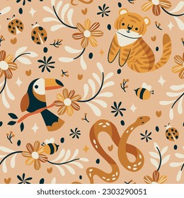 Cute seamless pattern with animals and floral elements. Vector illustration with cartoon drawings for print, fabric, textile.