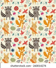 
Cute Seamless Pattern With Animals And Flowers