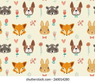 
Cute seamless pattern with animals and flowers