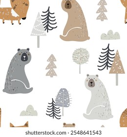 Cute seamless pattern of animals in the forest. Bear, fox. Nordic style forest for kids. Cute art for kids. Woodland creatures.