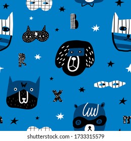 Patrón perfecto con animales lindos enmascarados héroes. Textura infantil creativa para tela, envoltura, textil, papel pintado, vestimenta. Ilustración vectorial. Fondo azul.