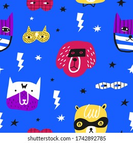 Cute seamless pattern with cute animals masked heroes on blue background. Creative childish texture for fabric, wrapping, textile, wallpaper, apparel. Vector illustration. 