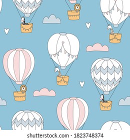 Cute seamless pattern with animals on balloons. Lion, giraffe and zebra. Great for kids apparel, nursery decoration. Vector Illustration