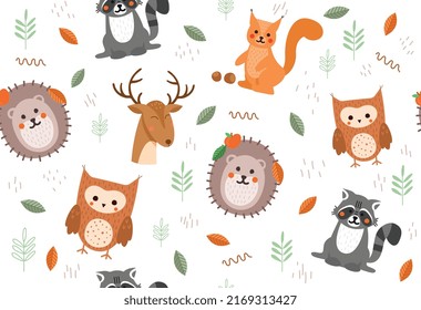 Cute seamless pattern with animals. Repeating image with forest animals for printing on wrapping paper. Autumn season. Raccoon, hedgehog, owl, deer and squirrel. Cartoon flat vector illustration