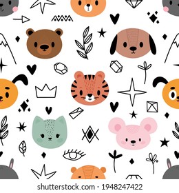 Patrón perfecto con animales y elementos de diseño de esbozo. Estilo escandinavo. Doodles dibujados a mano. Ilustración del vector