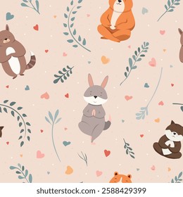 cute seamless pattern with animals in yoga poses. Kids pastel background in cartoonish style with calming peaceful aesthetic for textile, wallpaper, linen, backpack, bags, dress