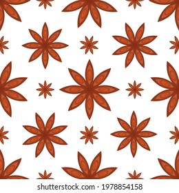 Cute seamless pattern with anise stars. White background. Flat style illustration.