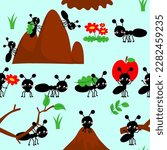 Cute seamless pattern with ants. Seamless background with anthills. Funny cartoon insects seamless pattern with cute ants.