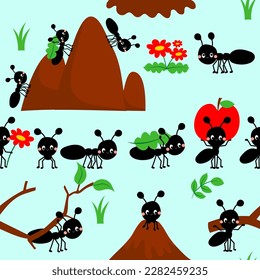 Cute seamless pattern with ants. Seamless background with anthills. Funny cartoon insects seamless pattern with cute ants.