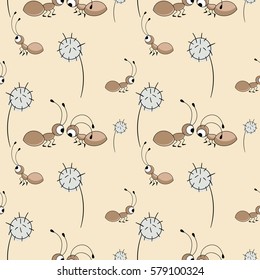 Cute seamless pattern with ants and dandelions. Vector illustration.