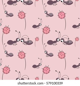 Cute seamless pattern with ants and dandelions. Vector illustration.