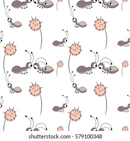 Cute seamless pattern with ants and dandelions. Vector illustration.