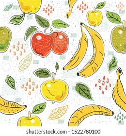 Cute Seamless Pattern with Apples, bananas and Pears. Scandinavian Hand Drawn Style. Vector Illustration