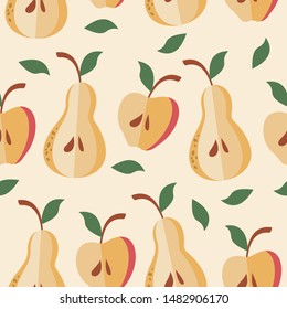 Cute seamless pattern with apples and pears, on beige background. Vector illustration.