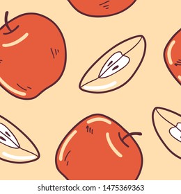 Cute seamless pattern with apples. Sketch with apples, summer vector illustration, template. Hand-drawn illustration.