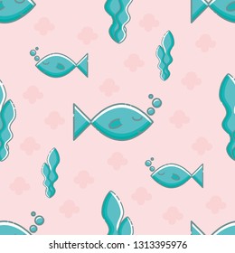 Cute seamless pattern with aquamarine fish and seaweed. Pink background. Linear style illustration. Vector.