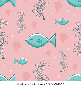 Cute seamless pattern with aquamarine fish, pink seaweed, sparkling stars. Pink background. Linear style illustration. Vector.