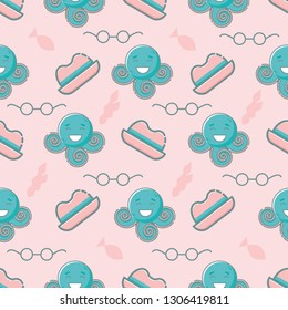 Cute seamless pattern with aquamarine smiling octopuses, glasses, hats, seaweed and fish. Pink background. Linear style illustration. Vector.