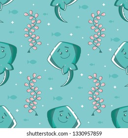 Cute seamless pattern with aquamarine smiling stingrays, pink seaweed, sparkling stars and fish. Aquamarine background. Linear style illustration. Vector.
