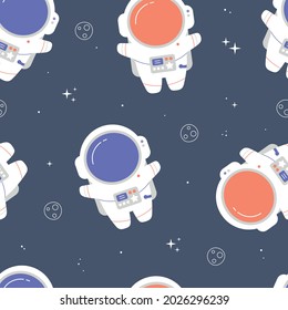 Cute seamless pattern with astronauts. Vector baby background in scandinavian style. Astronauts on space background. Suitable for printing on wrapping paper, textiles, fabrics, clothing, wallpaper.