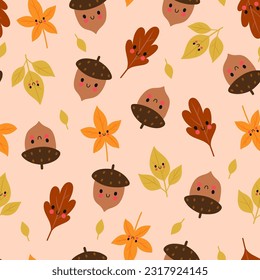 Cute seamless pattern with autumn acorns and leaves. Vector graphics.