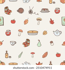 Cute seamless pattern with autumn items pumpkin, apple, pie, mushroom, socks, leaves. For fall decoration, autumn fest invitations, fabric, kitchen textile and cover print, gift and wrapping paper.