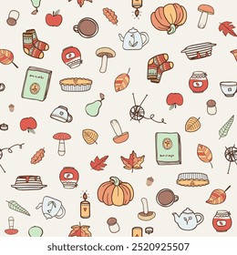 Cute seamless pattern with autumn items pumpkin, apple, pie, mushroom, socks, leaves. For fall decoration, autumn fest invitations, fabric, kitchen textile and cover print, gift and wrapping paper.