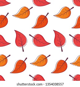 Cute seamless pattern with autumn leaves. White background. Flat linear style illustration. Vector.