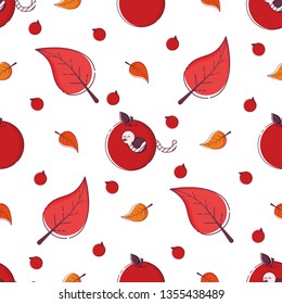 Cute seamless pattern with autumn leaves and red apples with worms sending an air kiss. White background. Flat linear style illustration. Vector.