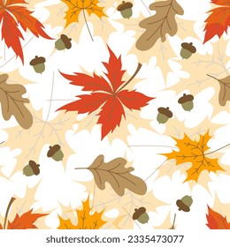 Cute seamless pattern with autumn leaves for kids textile and wallpaper. Colorful Fall pattern with colorful elements on a white background. Creative kids texture for fabric, apparel.