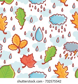 Cute seamless pattern with Autumn leaves, rain, rain drop, lightning bolts, thunderstorm. Background design, print and textile