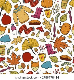 Cute seamless pattern with autumn / thanksgiving doodles on white background for prints, wallpapers, packaging, scrapbooking, stationery, etc. EPS 10