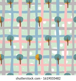 Cute Seamless Pattern With Autumn Trees and Scattered Dots. Modern Color Design. Great for wall art design, wrapping, fabric, textile, pillow or blanket prints, cosmetics, etc. Vector Illustration.