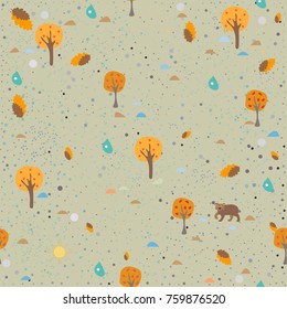 Cute Seamless Pattern With Autumn Trees and bear. Modern Color Design. Great for wall art design, wrapping, fabric, textile, pillow or blanket prints, cosmetics, etc. Vector Illustration.