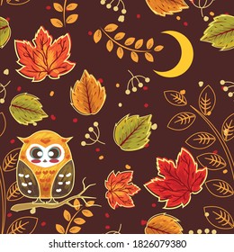 Cute seamless pattern autumn vintage owl and moon