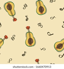 Típico patrón impecable con guitarra aguacate. Impresión de frutas y música