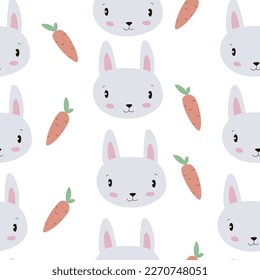 Cute seamless pattern for babies with rabbit's faces and carrots on white background