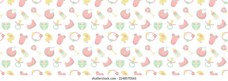Cute seamless pattern for babies. Simple endless print with baby items for nursery design. Collection of objects for newborns
