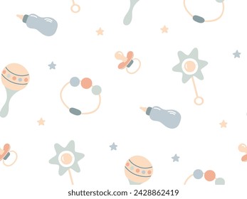 Cute seamless Pattern with Baby Accessories. Newborn boy girl Toy items. Nursery Background in pastel colors. Hand drawn Pacifier, Rattle, bottle