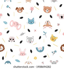 Cute seamless pattern with cute baby animals and flowers on a white background, for children s birthday, party, baby shower. Simple flat design elements. Vector illustration