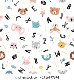 Cute seamless pattern with cute baby animals, flowers and alphabet letters on a white background, for baby fabric, scrapbooking, hobbies. Simple flat design elements. Vector illustration
